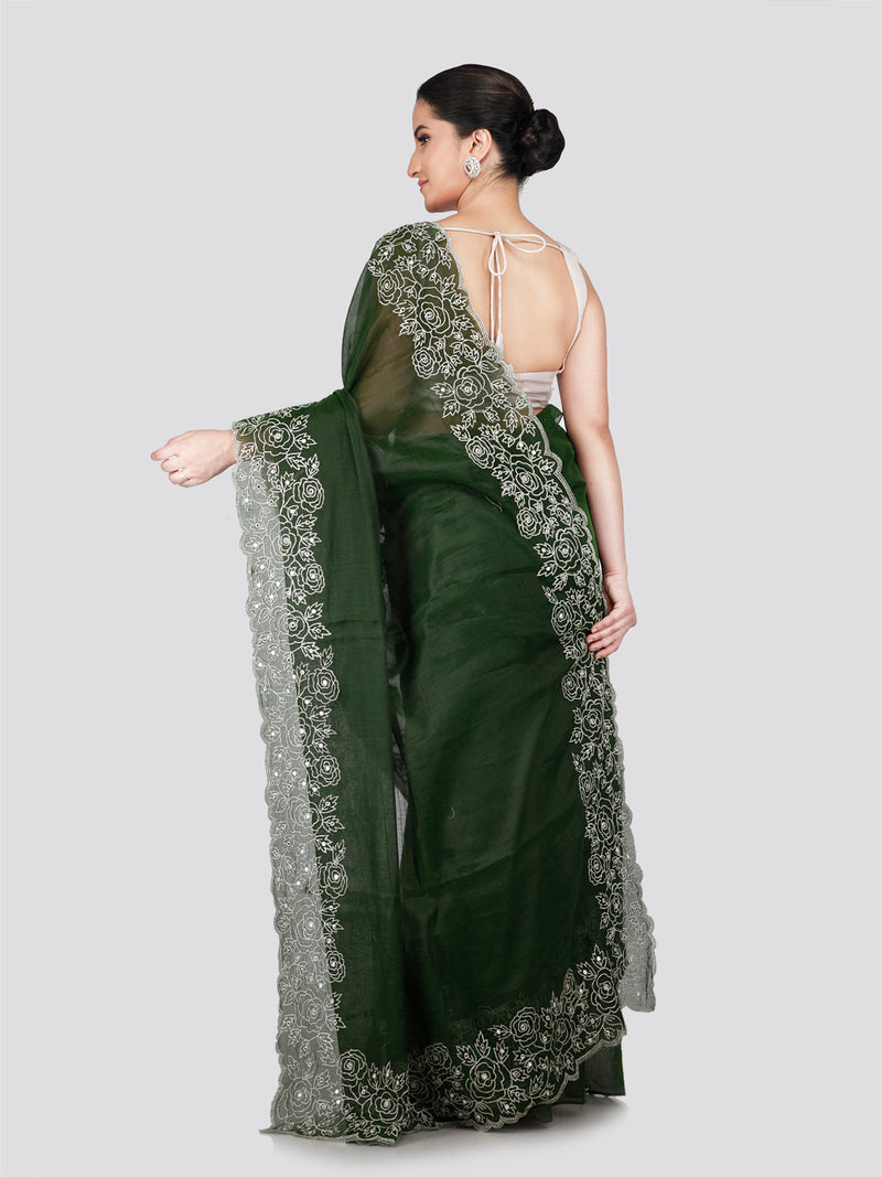 PinkLoom Women's Green Silk Saree