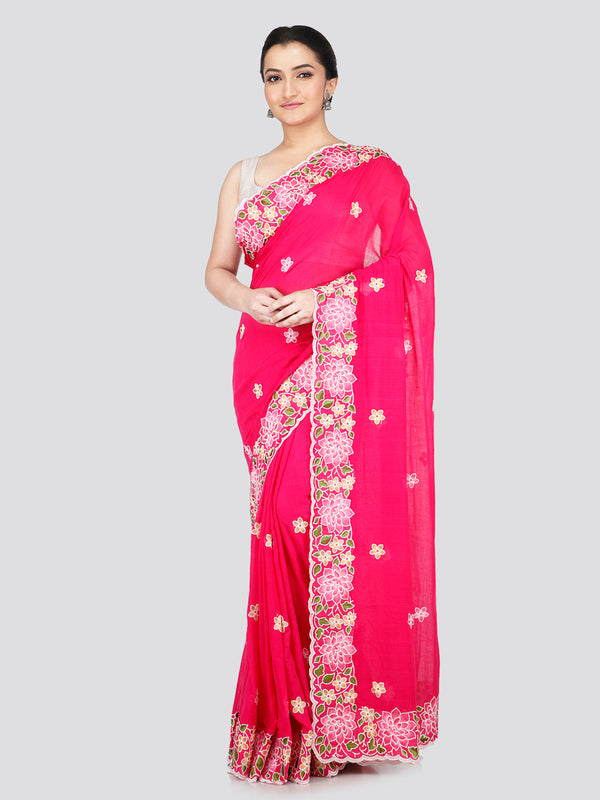 PinkLoom Women's Pink Mulmul Cotton Embroidered Saree