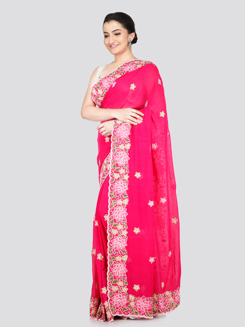 PinkLoom Women's Pink Mulmul Cotton Embroidered Saree