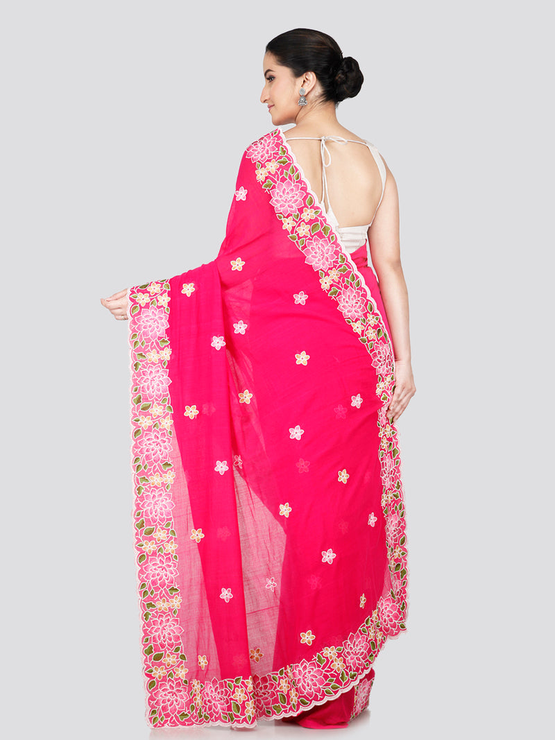 PinkLoom Women's Pink Mulmul Cotton Embroidered Saree