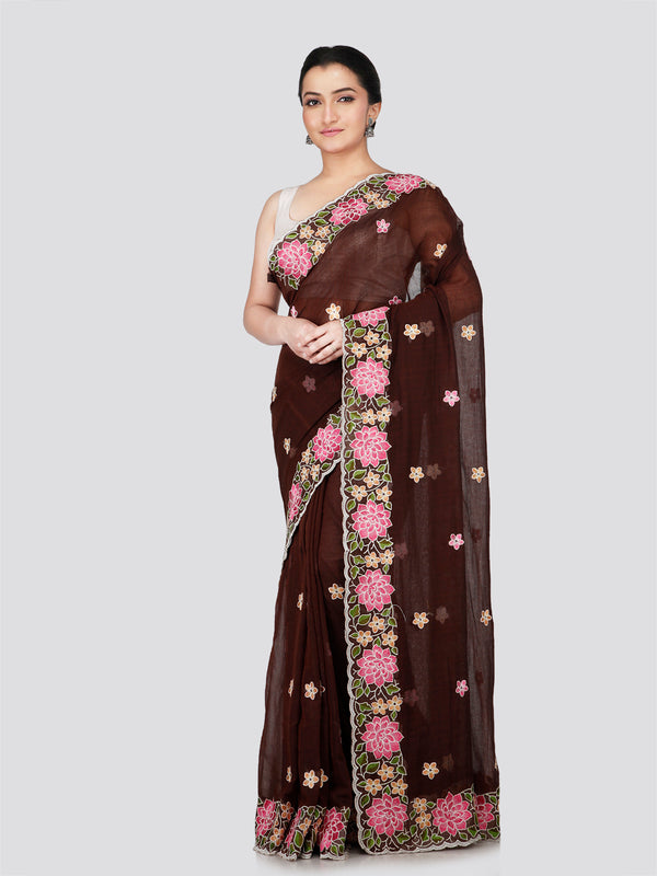 PinkLoom Women's Brown Mulmul Cotton Embroidered Saree