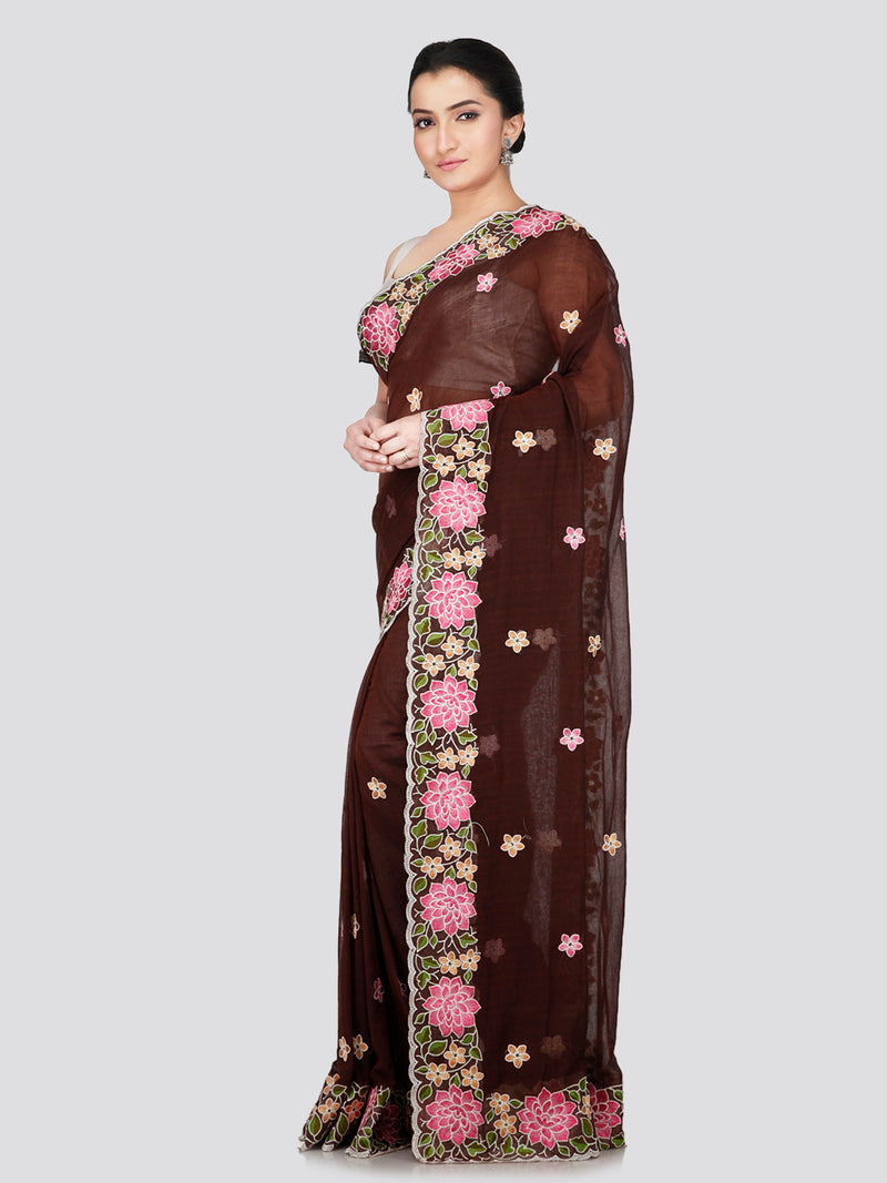 PinkLoom Women's Brown Mulmul Cotton Embroidered Saree