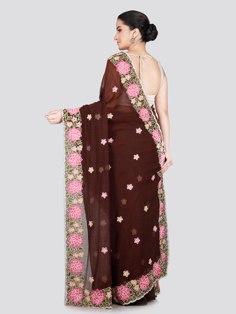 PinkLoom Women's Brown Mulmul Cotton Embroidered Saree