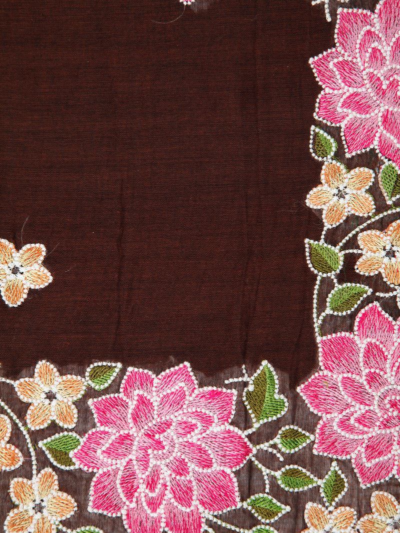 PinkLoom Women's Brown Mulmul Cotton Embroidered Saree