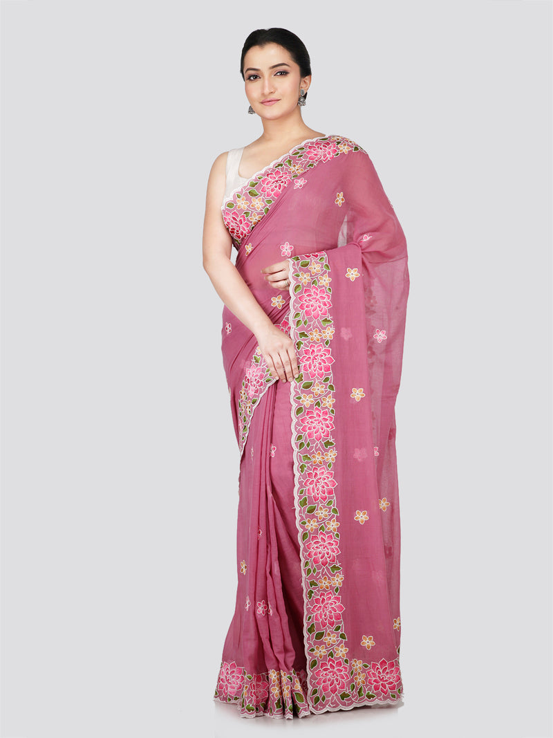 PinkLoom Women's Pink Mulmul Cotton Embroidered Saree