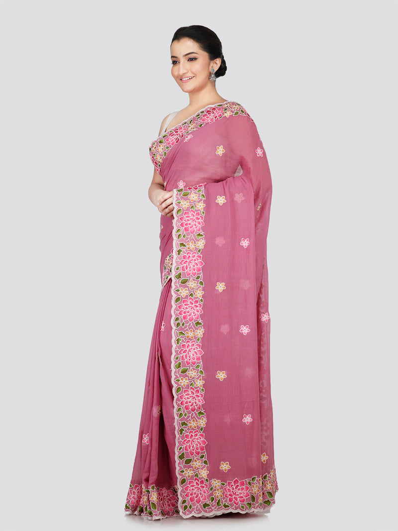 PinkLoom Women's Pink Mulmul Cotton Embroidered Saree