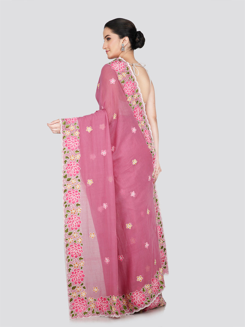 PinkLoom Women's Pink Mulmul Cotton Embroidered Saree