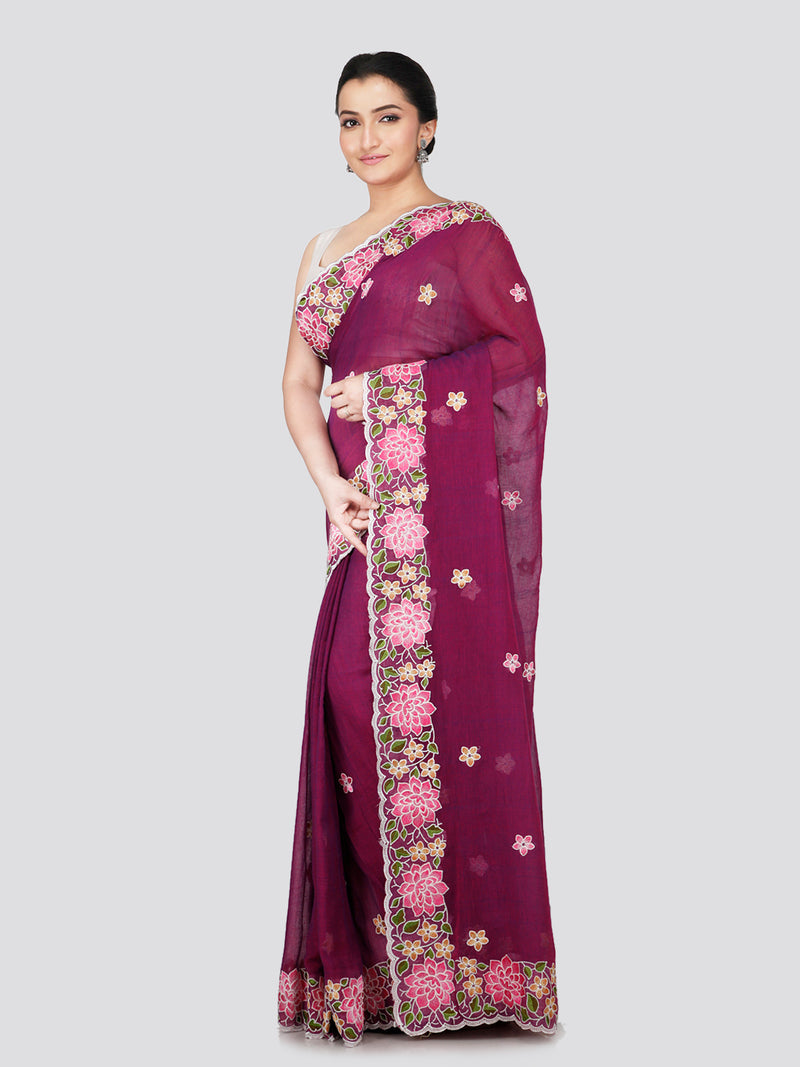 PinkLoom Women's Multi Mulmul Cotton Embroidered Saree