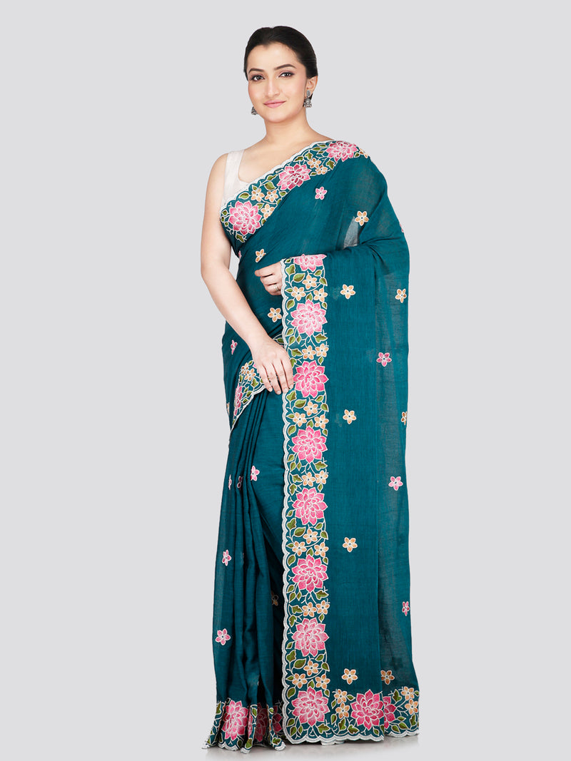 PinkLoom Women's Turquoise Blue Mulmul Cotton Embroidered Saree