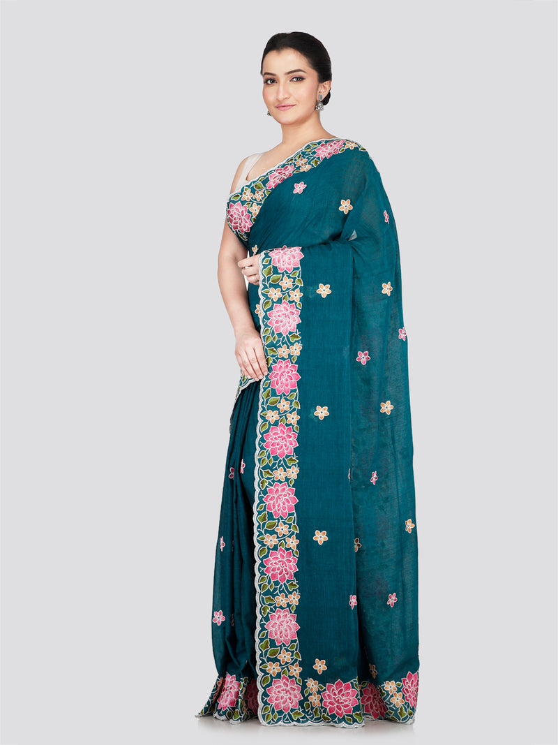 PinkLoom Women's Turquoise Blue Mulmul Cotton Embroidered Saree