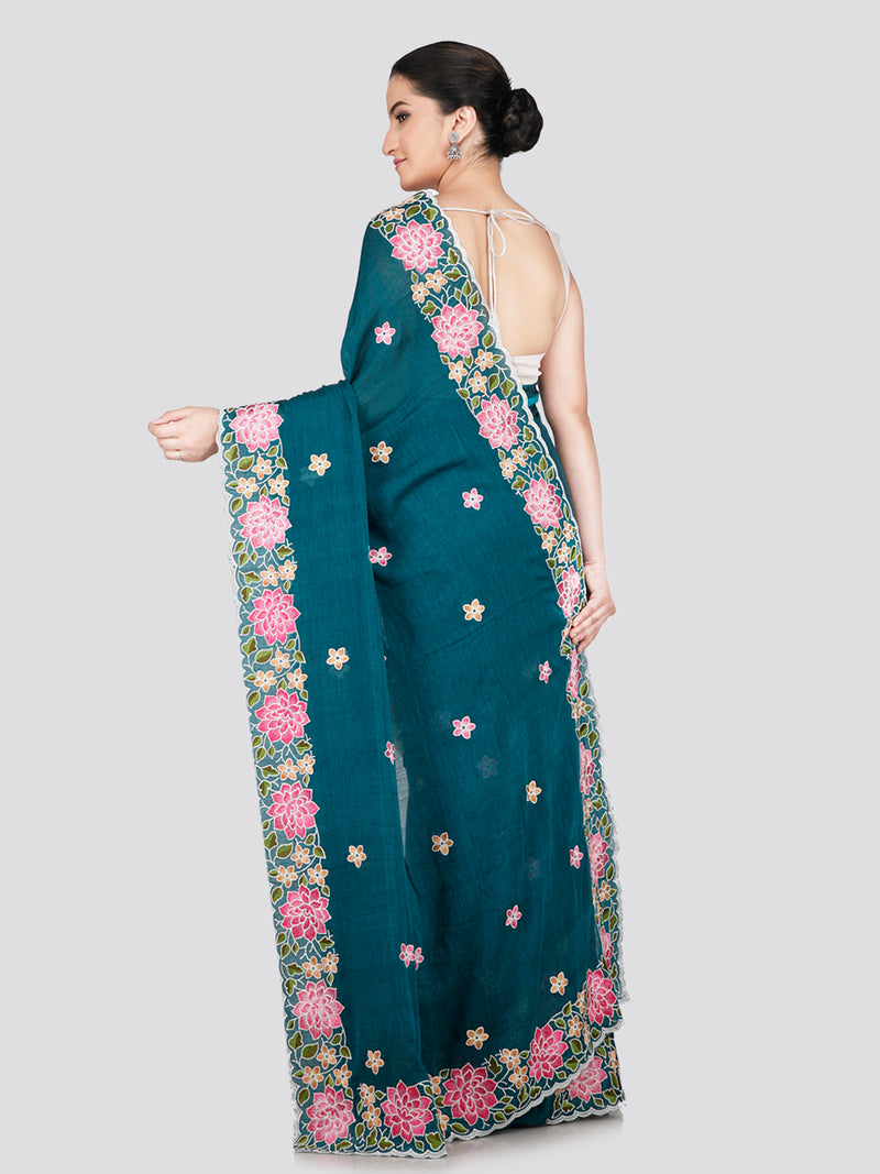 PinkLoom Women's Turquoise Blue Mulmul Cotton Embroidered Saree