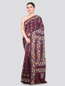 PinkLoom Women's Maroon Embroidered Kantha Work Silk Saree