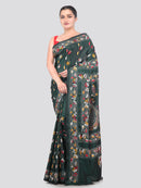PinkLoom Women's Green Embroidered Kantha Work Silk Saree