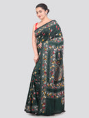 PinkLoom Women's Green Embroidered Kantha Work Silk Saree