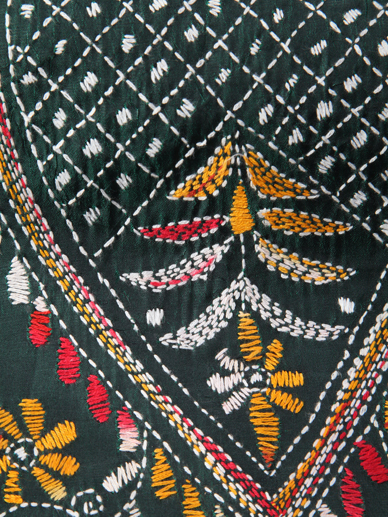 PinkLoom Women's Green Embroidered Kantha Work Silk Saree