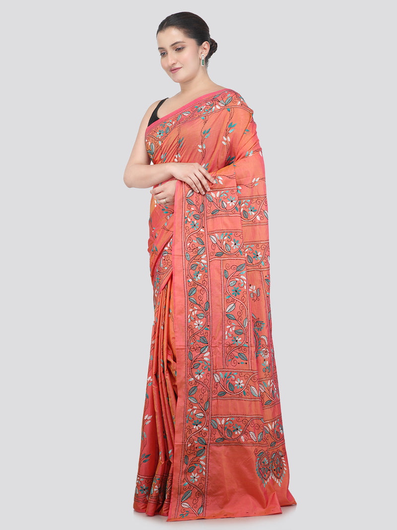 Pinkloom Pink Dual Tone Handloom Silk Embroidered Katha Stitch Work Saree