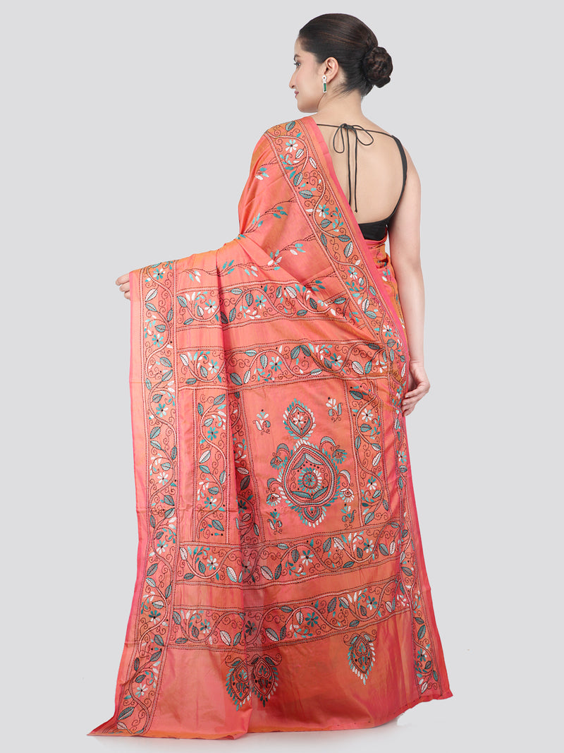 Pinkloom Pink Dual Tone Handloom Silk Embroidered Katha Stitch Work Saree