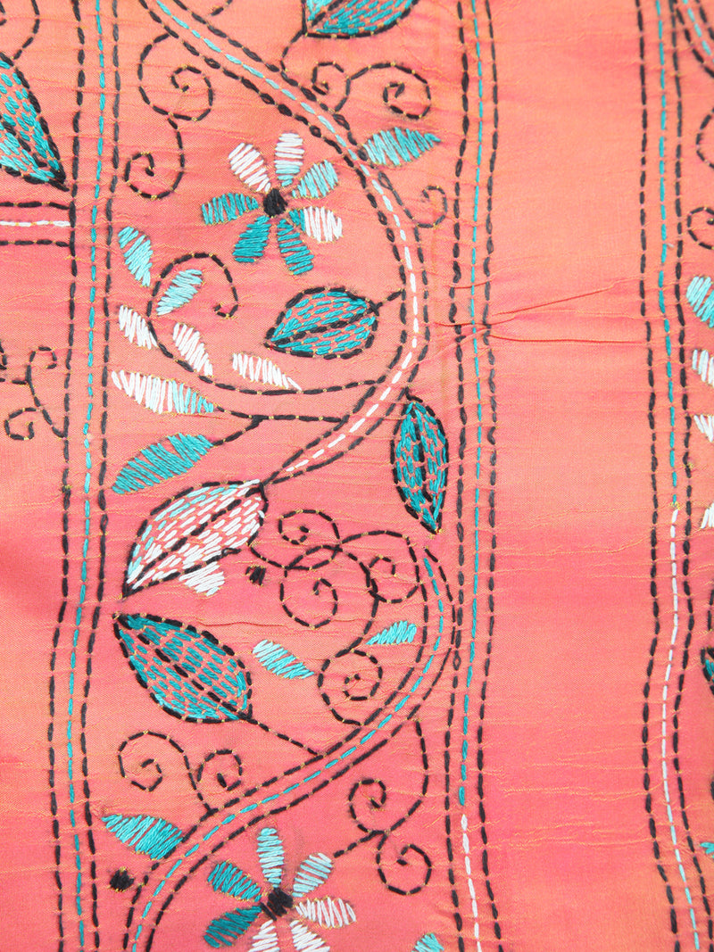 Pinkloom Pink Dual Tone Handloom Silk Embroidered Katha Stitch Work Saree