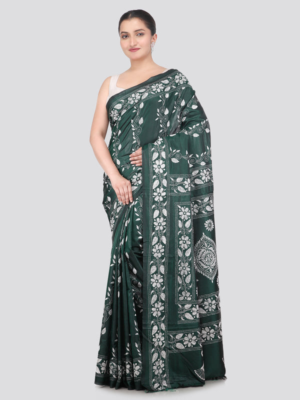 Pinkloom Green Handloom Silk Embroidered Katha Stitch Work Saree