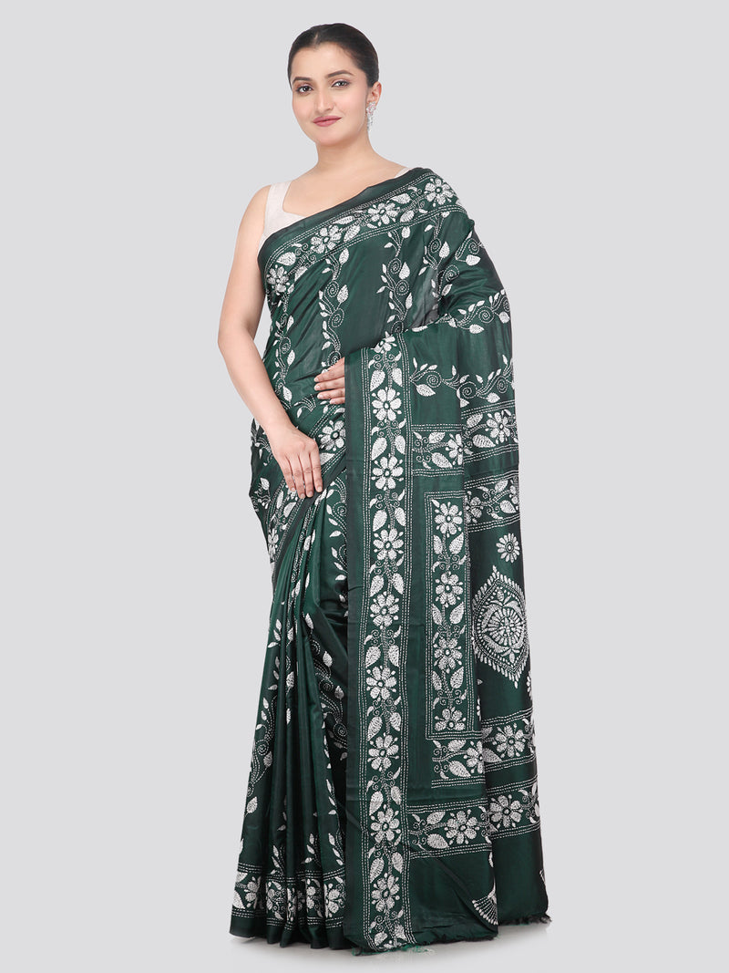 Pinkloom Green Handloom Silk Embroidered Katha Stitch Work Saree