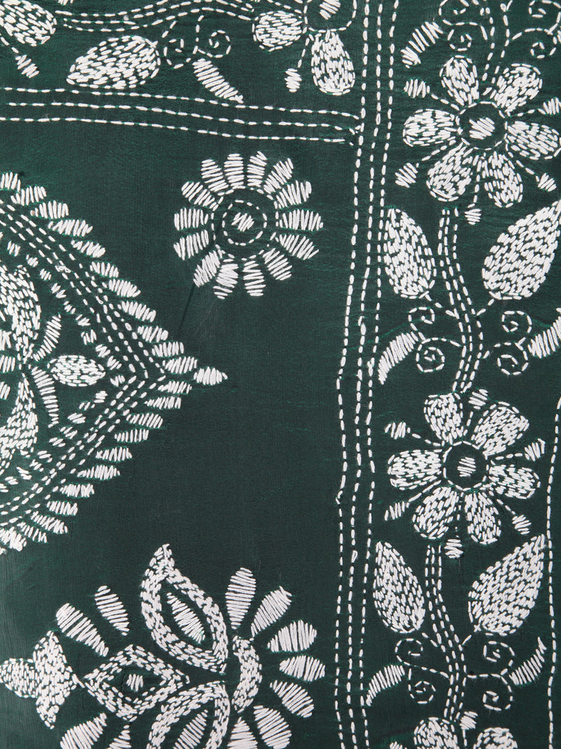 Pinkloom Green Handloom Silk Embroidered Katha Stitch Work Saree