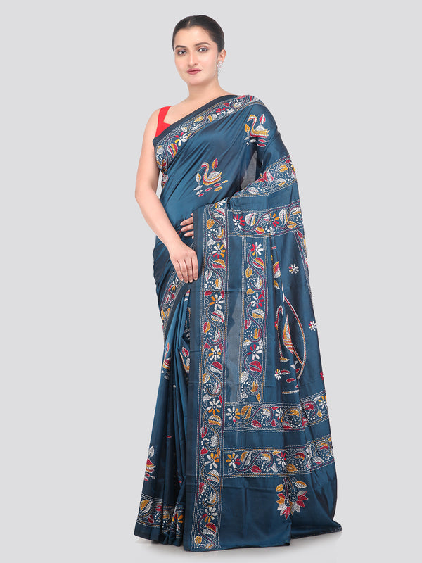 Pinkloom Blue Handloom Silk Embroidered Katha Stitch Work Saree