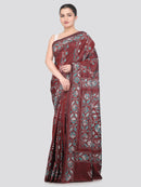 Pinkloom Maroon Handloom Silk Embroidered Katha Stitch Work Saree