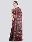 Pinkloom Maroon Handloom Silk Embroidered Katha Stitch Work Saree