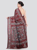 Pinkloom Maroon Handloom Silk Embroidered Katha Stitch Work Saree