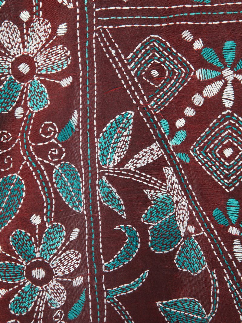 Pinkloom Maroon Handloom Silk Embroidered Katha Stitch Work Saree