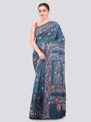 Pinkloom TealBlue Handloom Silk Embroidered Katha Stitch Work Saree