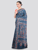 Pinkloom TealBlue Handloom Silk Embroidered Katha Stitch Work Saree