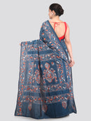 Pinkloom TealBlue Handloom Silk Embroidered Katha Stitch Work Saree