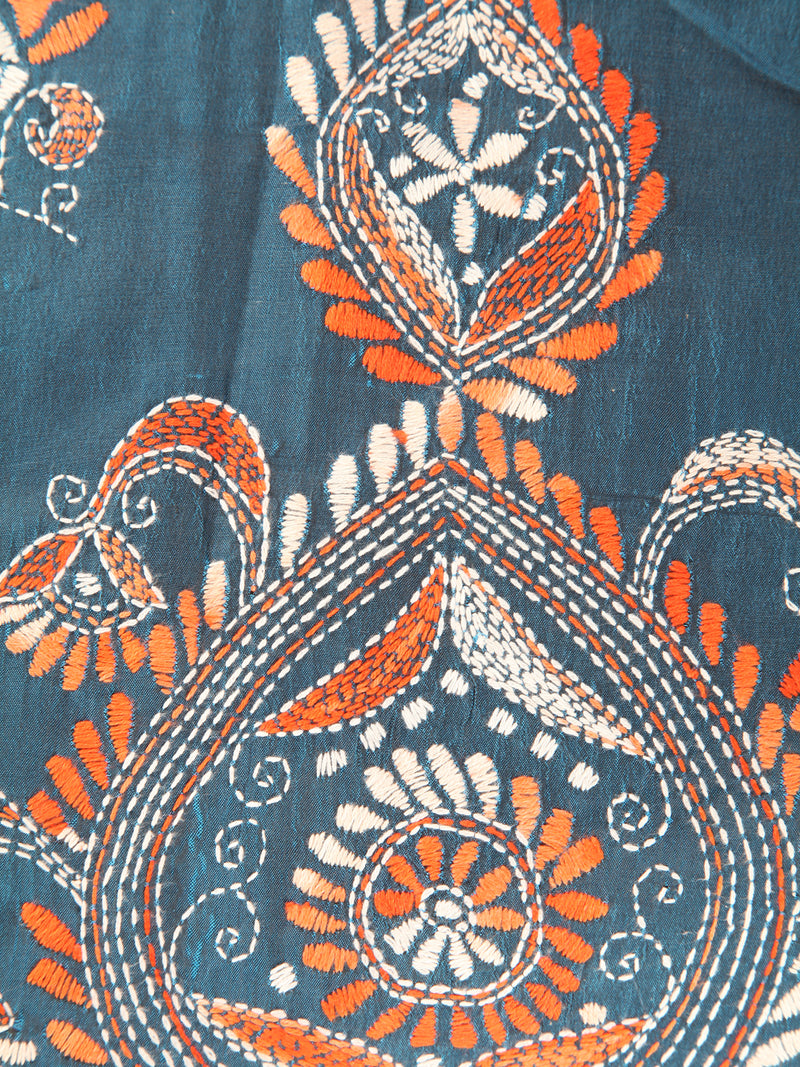 Pinkloom TealBlue Handloom Silk Embroidered Katha Stitch Work Saree