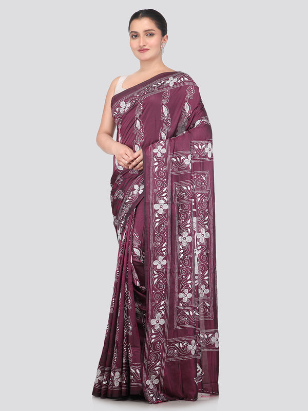 Pinkloom Wine Handloom Silk Embroidered Katha Stitch Work Saree