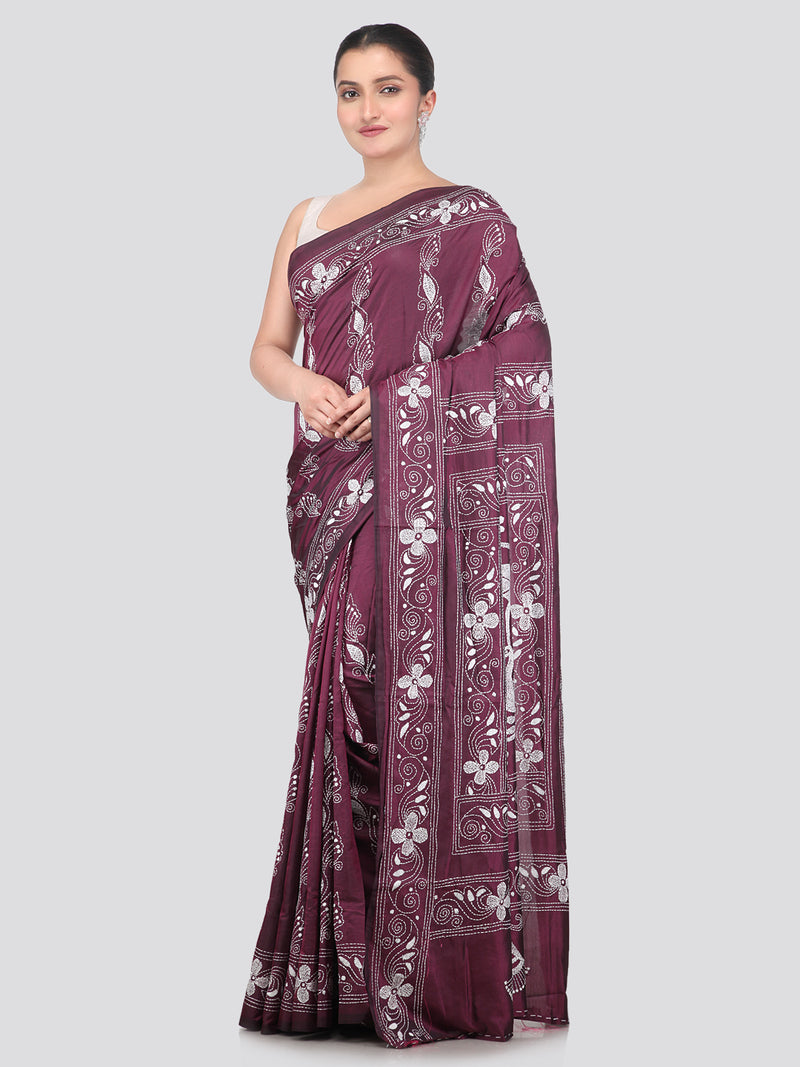 Pinkloom Wine Handloom Silk Embroidered Katha Stitch Work Saree