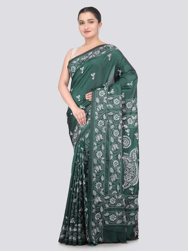 Pinkloom Green Handloom Silk Embroidered Katha Stitch Work Saree