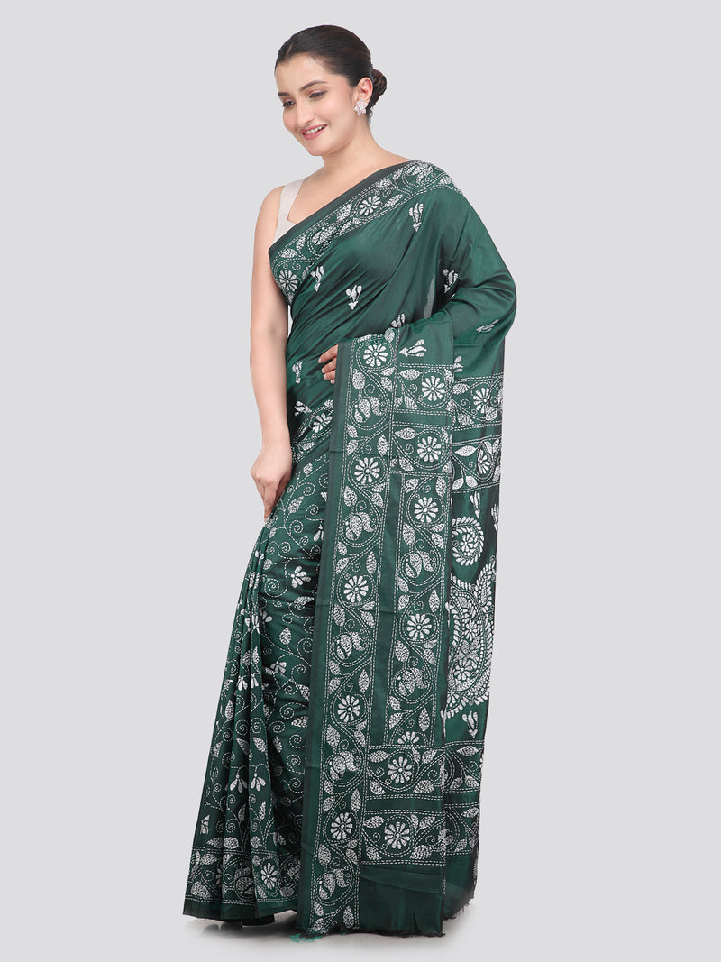Pinkloom Green Handloom Silk Embroidered Katha Stitch Work Saree