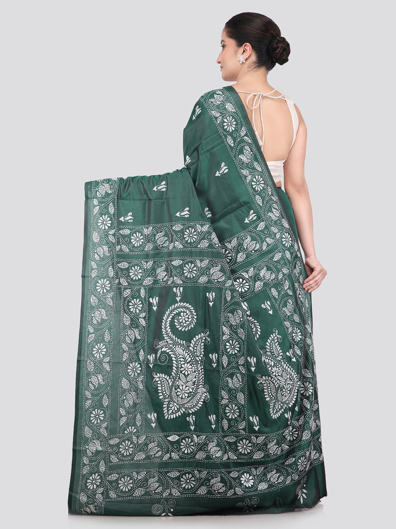 Pinkloom Green Handloom Silk Embroidered Katha Stitch Work Saree