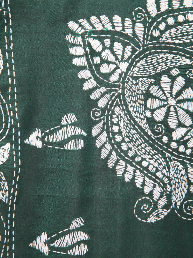 Pinkloom Green Handloom Silk Embroidered Katha Stitch Work Saree