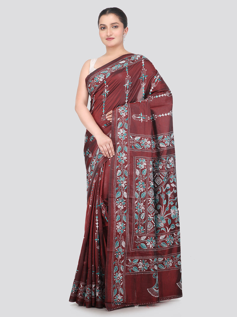 Pinkloom Maroon Handloom Silk Embroidered Katha Stitch Work Saree