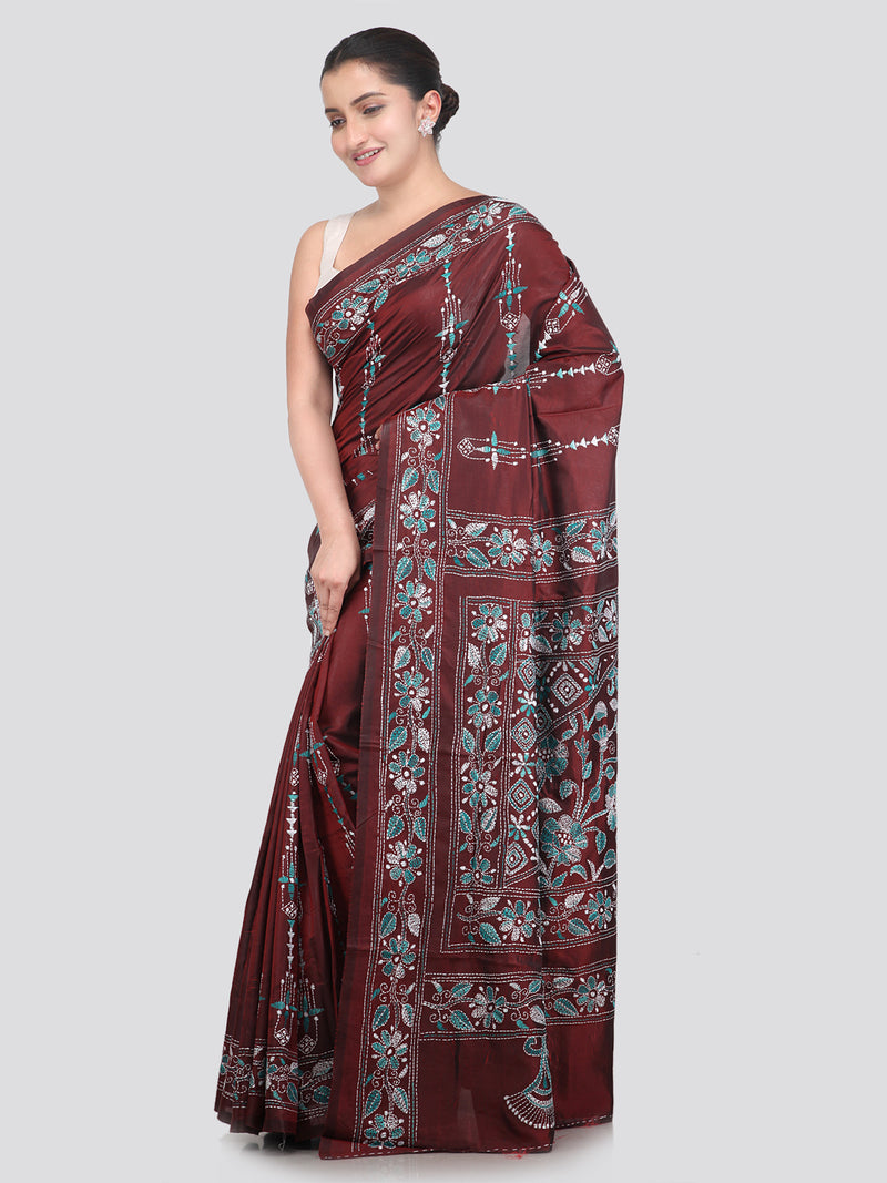 Pinkloom Maroon Handloom Silk Embroidered Katha Stitch Work Saree
