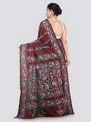 Pinkloom Maroon Handloom Silk Embroidered Katha Stitch Work Saree