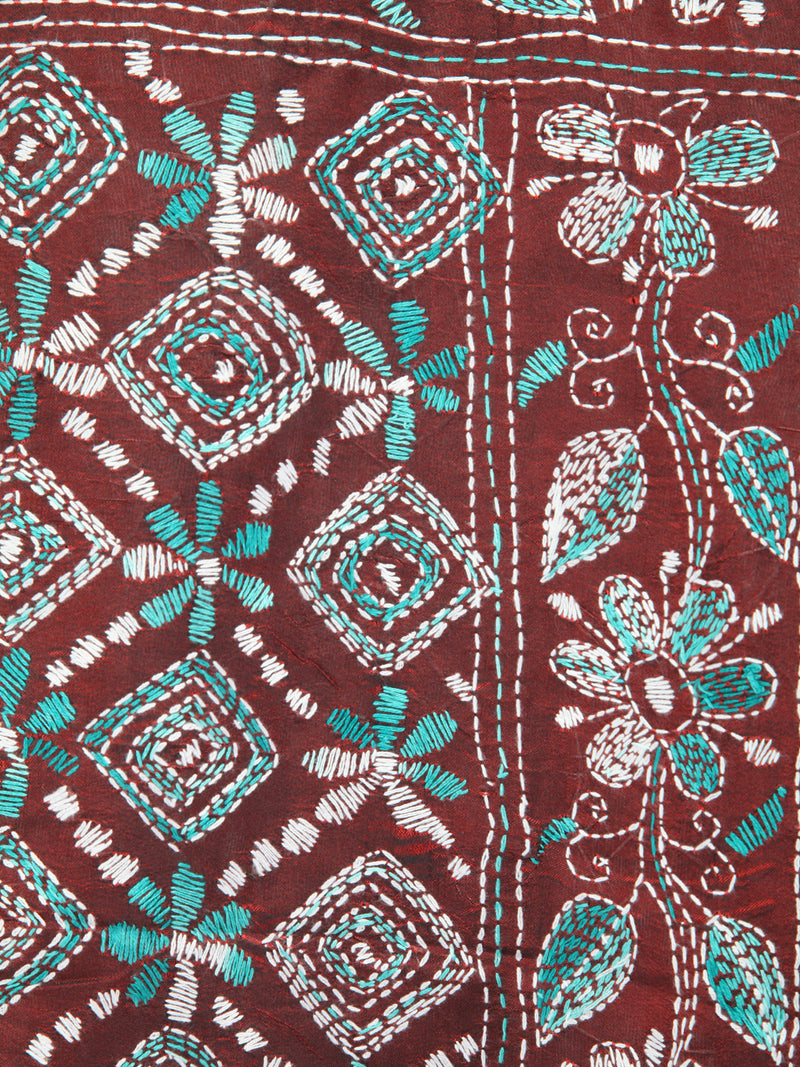 Pinkloom Maroon Handloom Silk Embroidered Katha Stitch Work Saree