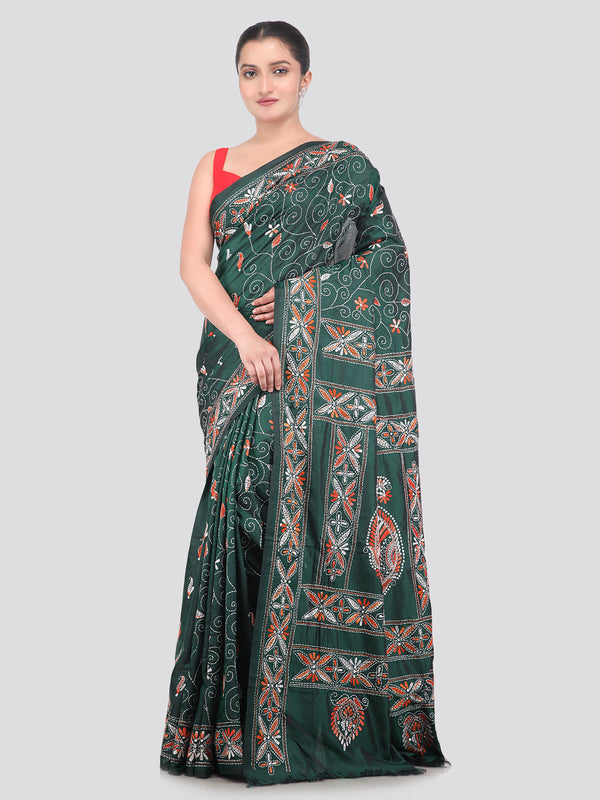 Pinkloom Green Handloom Silk Embroidered Katha Stitch Work Saree