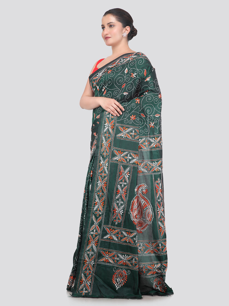 Pinkloom Green Handloom Silk Embroidered Katha Stitch Work Saree