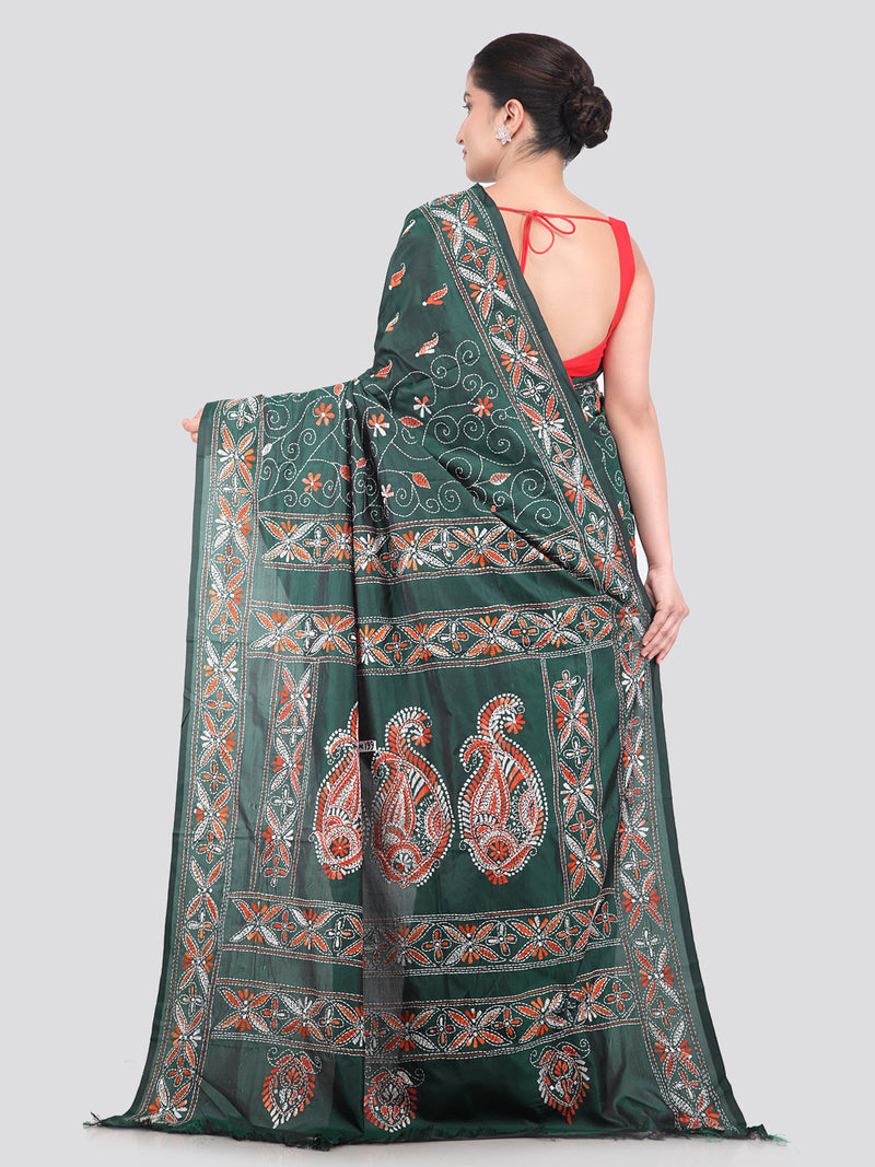 Pinkloom Green Handloom Silk Embroidered Katha Stitch Work Saree