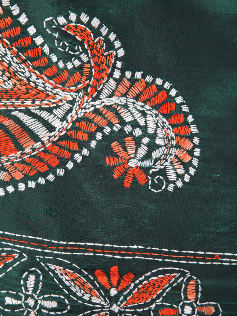 Pinkloom Green Handloom Silk Embroidered Katha Stitch Work Saree