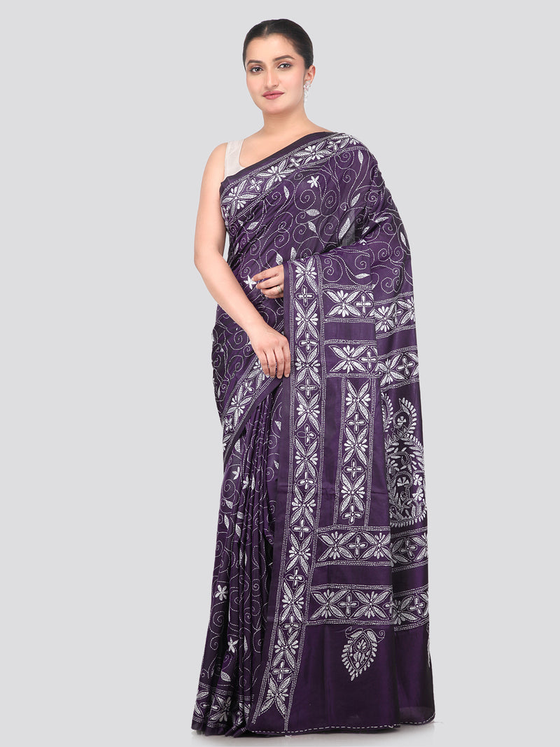 Pinkloom Violet Handloom Silk Embroidered Katha Stitch Work Saree