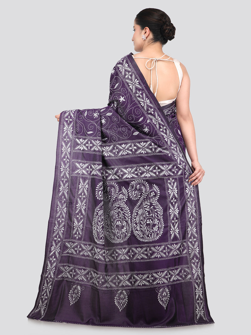 Pinkloom Violet Handloom Silk Embroidered Katha Stitch Work Saree